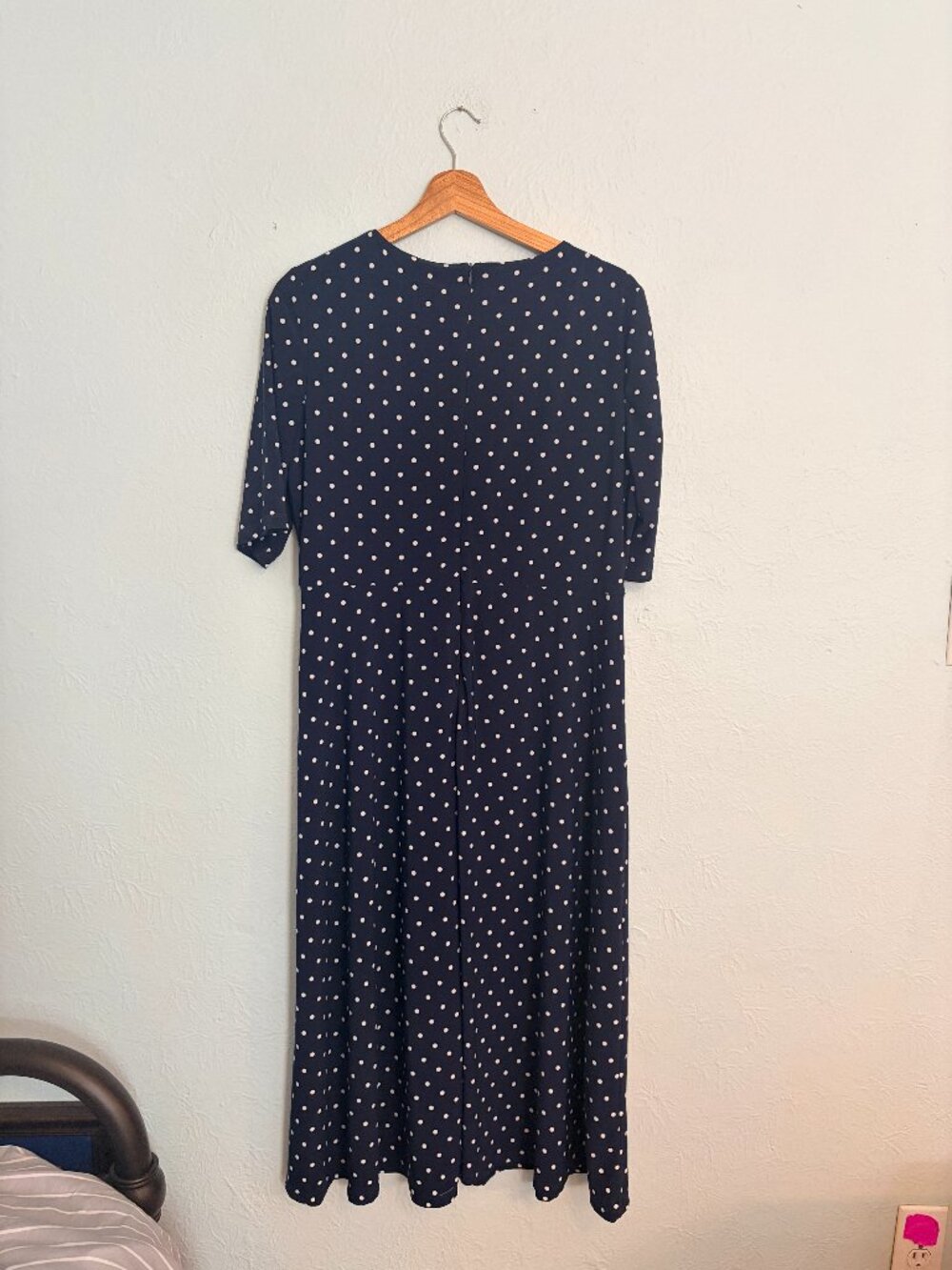 Anne Klein Navy White Polka Dot Midi Dress Size 12 Classic A-Line Wedding Guest